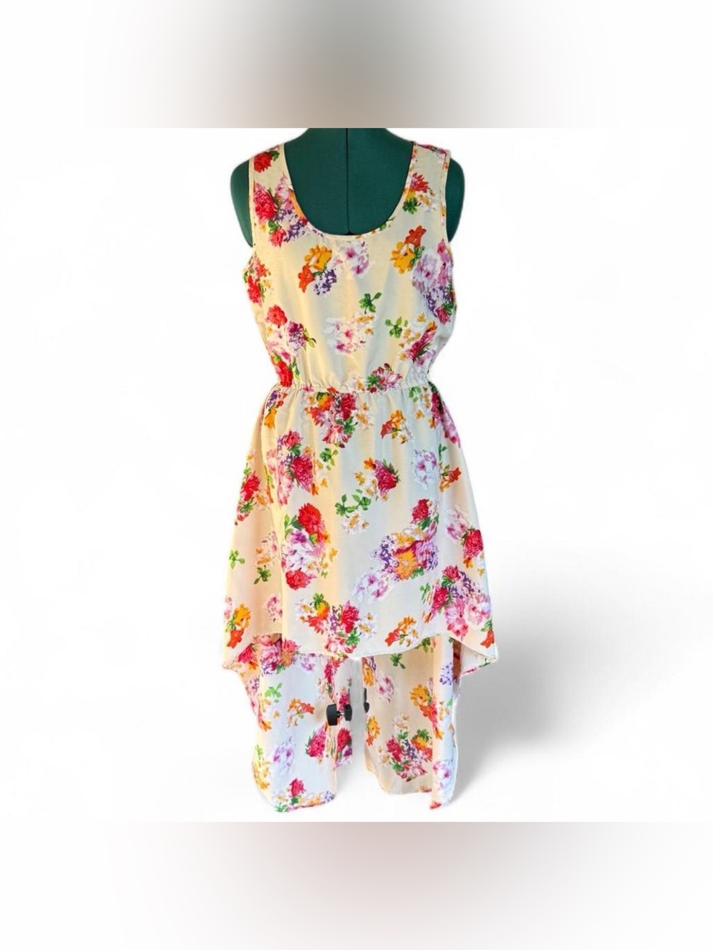 feathers Cream Floral High-Low Sleeveless Dress with Multicolor Blooms